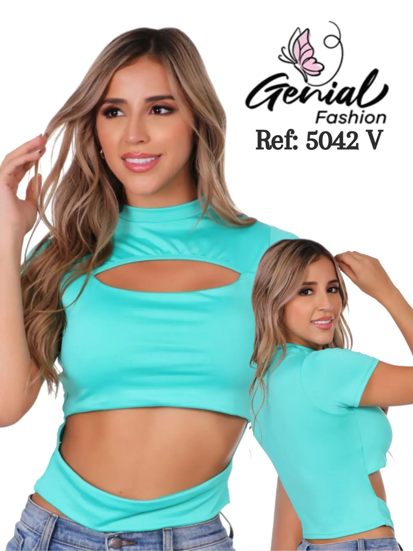 Blusa Colombiana Crop Verde Agua 5042 – Cuello Alto con Abertura