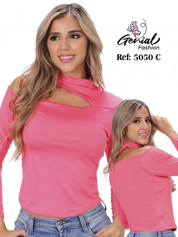 Crop Top Asimétrico con Abertura Rosa para Mujer 5050C