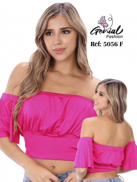 [1095056FL] Crop Top Hombros Descubiertos con Volantes Fucsia para Mujer 5056F (L)