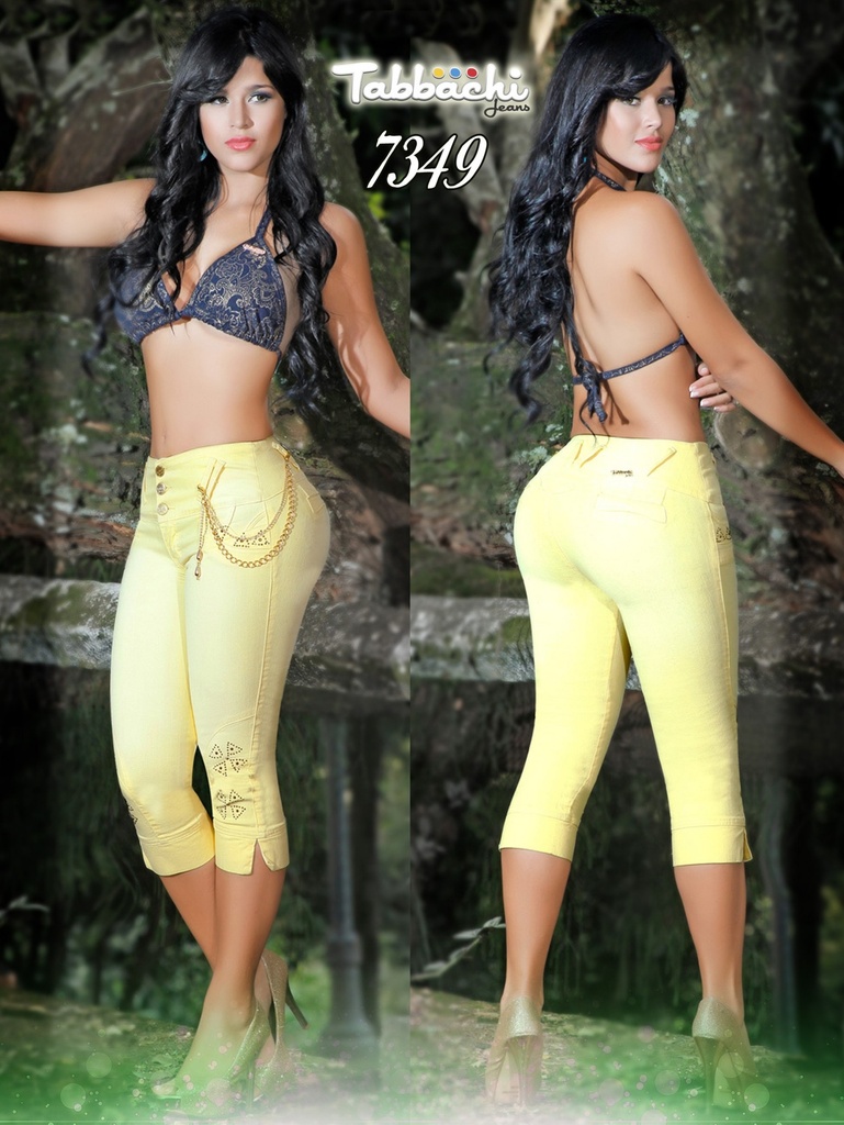 [000101734901] Jeans Capri Levantacola Amarillo Limón para Mujer 7549