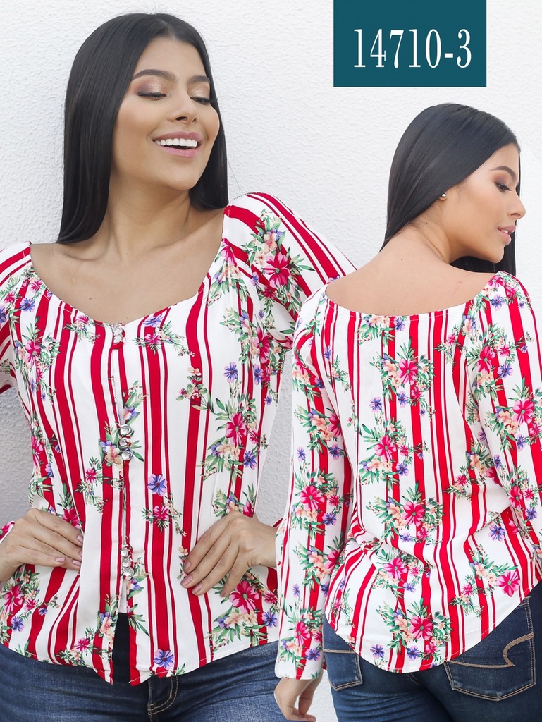 Women's Red Striped Bell-Sleeve Blouse 14710-3