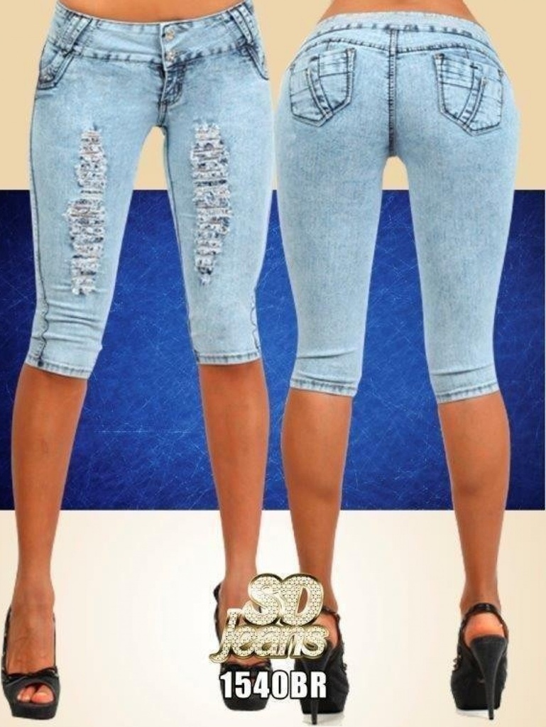 [1081540BR01] Jeans Capri Levantacola Lavado Claro Desgastado para Mujer 1540BR