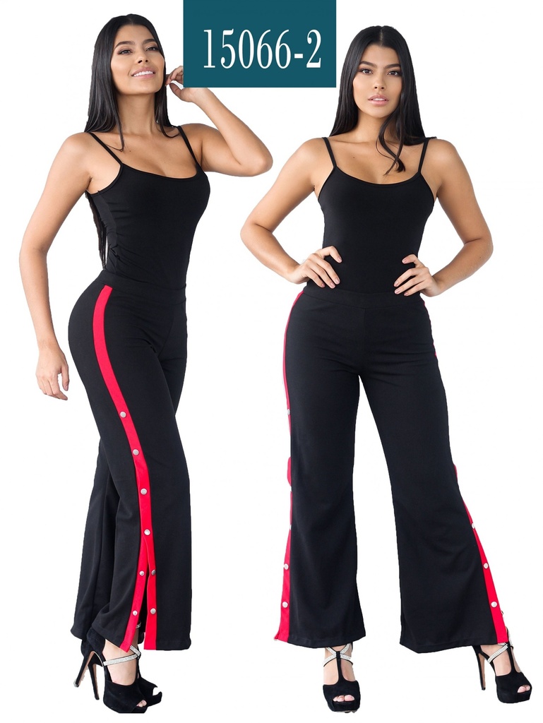 Women's Black Red Side Snap Flare High Waist Pants 15066-2