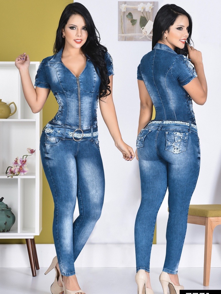 Women's Medium Denim Short Sleeve Zip Front Jumpsuit 7731