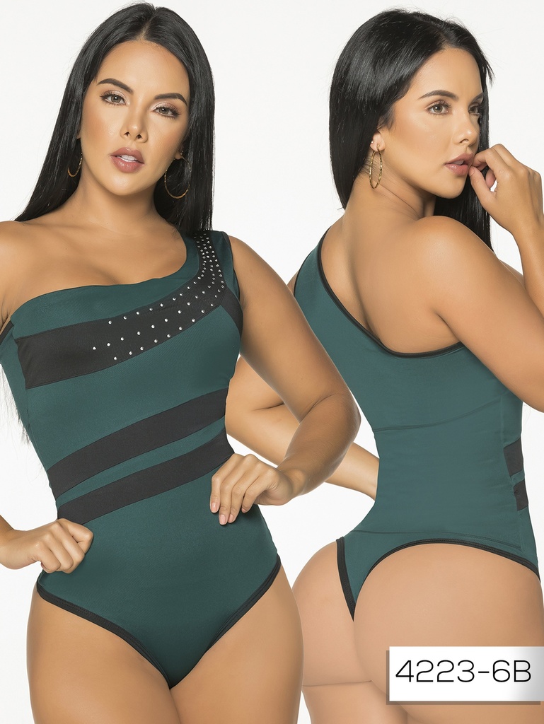 [11442236BL] Body Un Hombro con Franjas de Malla Verde para Mujer 4223-6B (L)