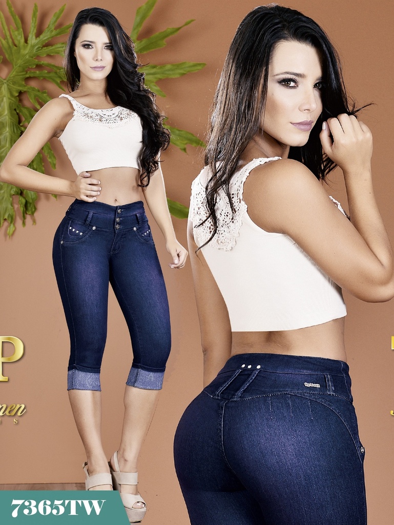 [1237365TW01] Women's Dark Wash Cuffed Butt Lift Capri Jeans 7365TW (1)