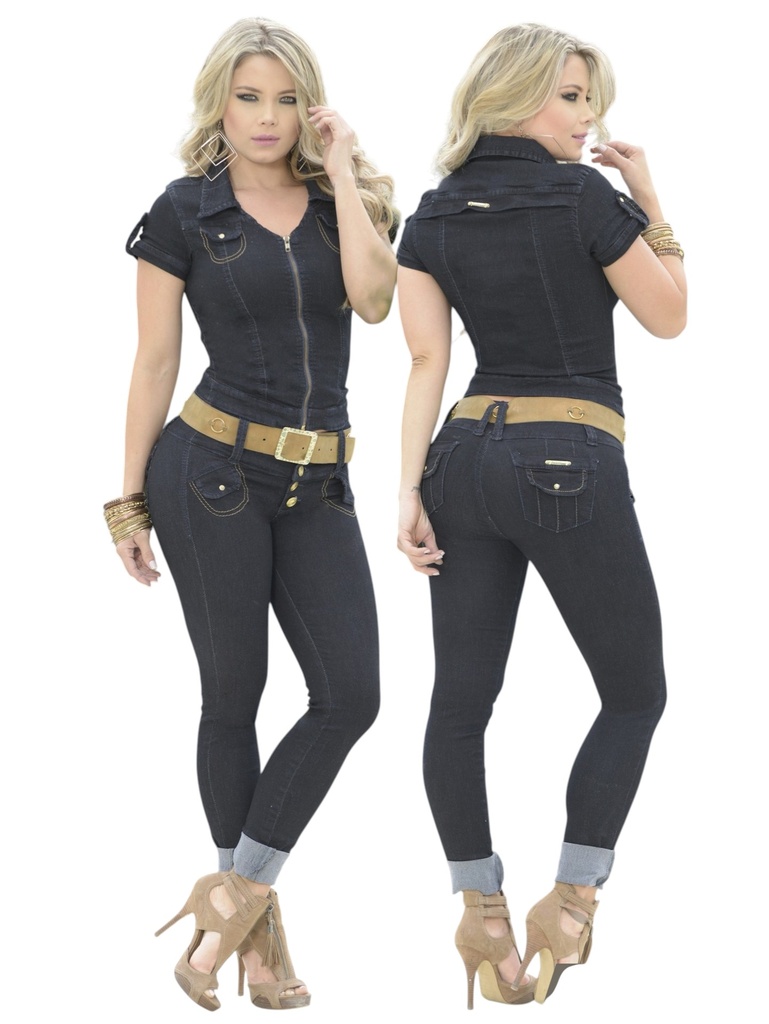 [000124088701] Colombian Butt Lifting Denim Set 0887 – Zip Jean Top & Skinny Jeans, Black (1)