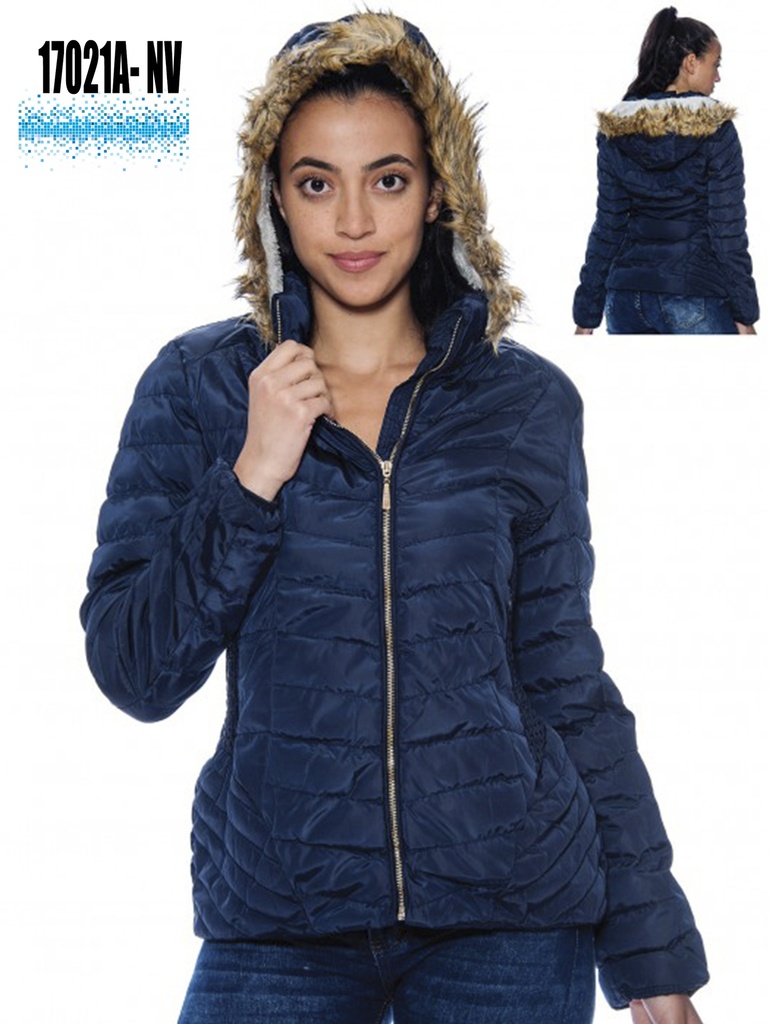 [20017021ANVS] Women's Navy Faux Fur Hooded Puffer Jacket 17021A-NV (S)