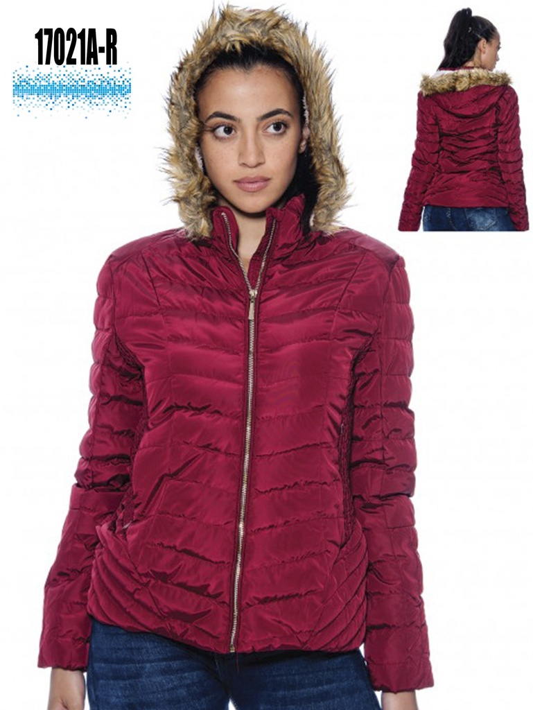 [20017021ARS] Women's Burgundy Faux Fur Hooded Puffer Jacket 17021A-R (S)