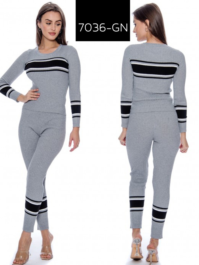 Conjunto de 2 Piezas Suéter y Leggings Tejido Gris con Rayas para Mujer 7036-GN