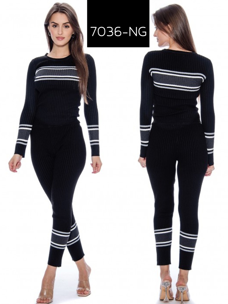 [2007036NGL] Conjunto de 2 Piezas Suéter y Leggings Tejido Negro con Rayas para Mujer 7036-NG (L)