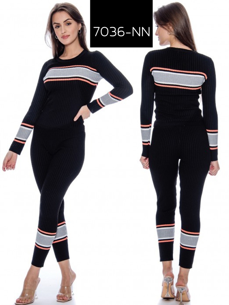 [2007036NNL] Conjunto de 2 Piezas Suéter y Leggings Tejido Negro con Rayas para Mujer 7036-NN (L)