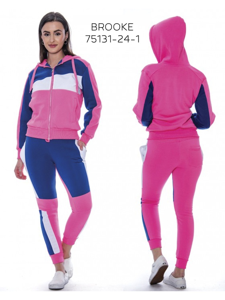 [200BROOKE75131241S] Women's Pink & Blue Color Block Zip Hoodie & Joggers Activewear Set Brooke-75131-24-1 (S)