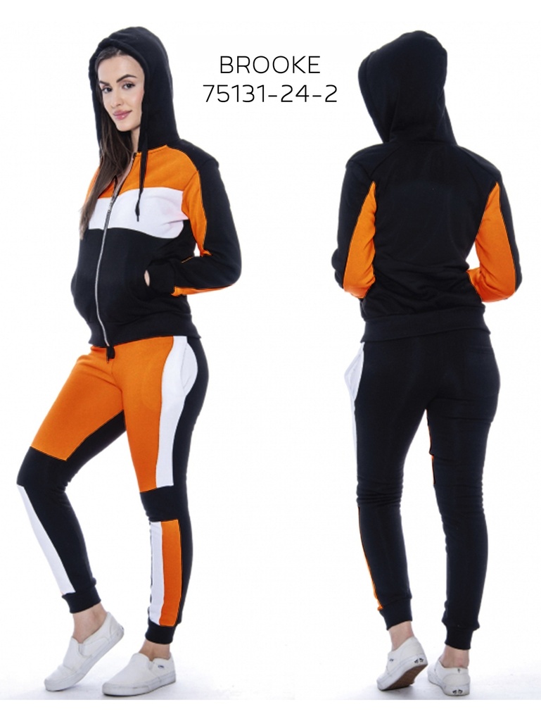 [200BROOKE75131242S] Conjunto Deportivo Sudadera con Cierre Bloques de Color y Jogger Negro Naranja y Blanco para Mujer Brooke-75131-24-2 (S)