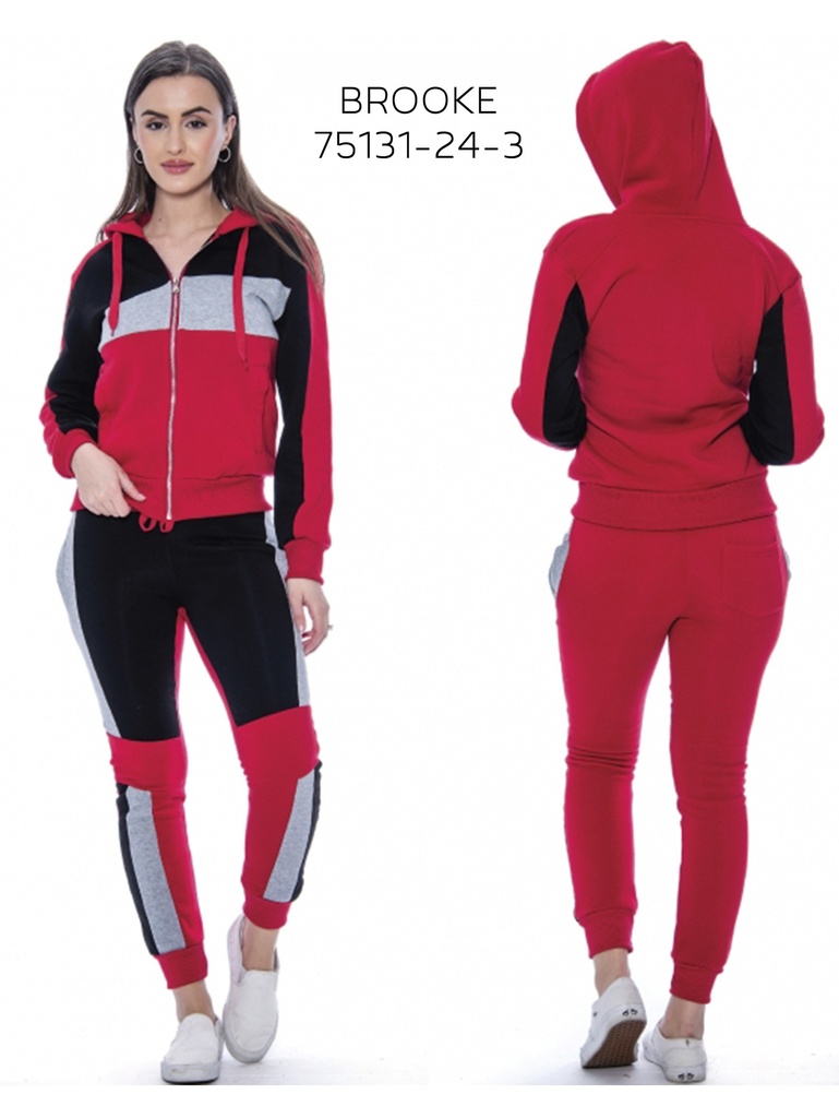 [200BROOKE75131243S] Women's Red Black & Gray Color Block Zip Hoodie & Joggers Activewear Set Brooke-75131-24-3 (S)