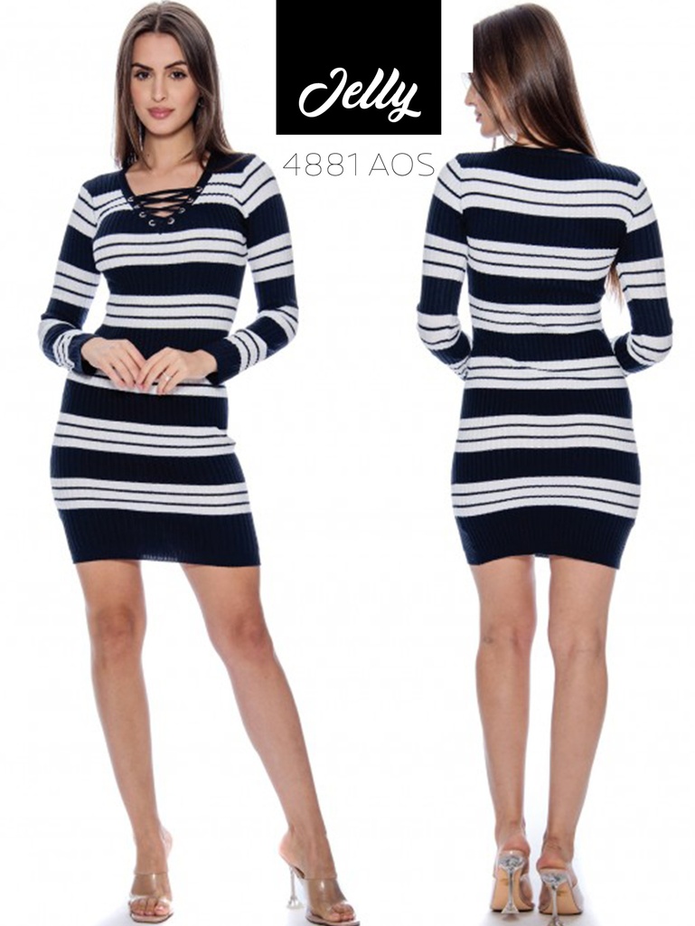 [200JELLY4881AOSS] Vestido Ajustado de Punto a Rayas Rayas Azul Marino y Blanco para Mujer 4881 AOS (S)
