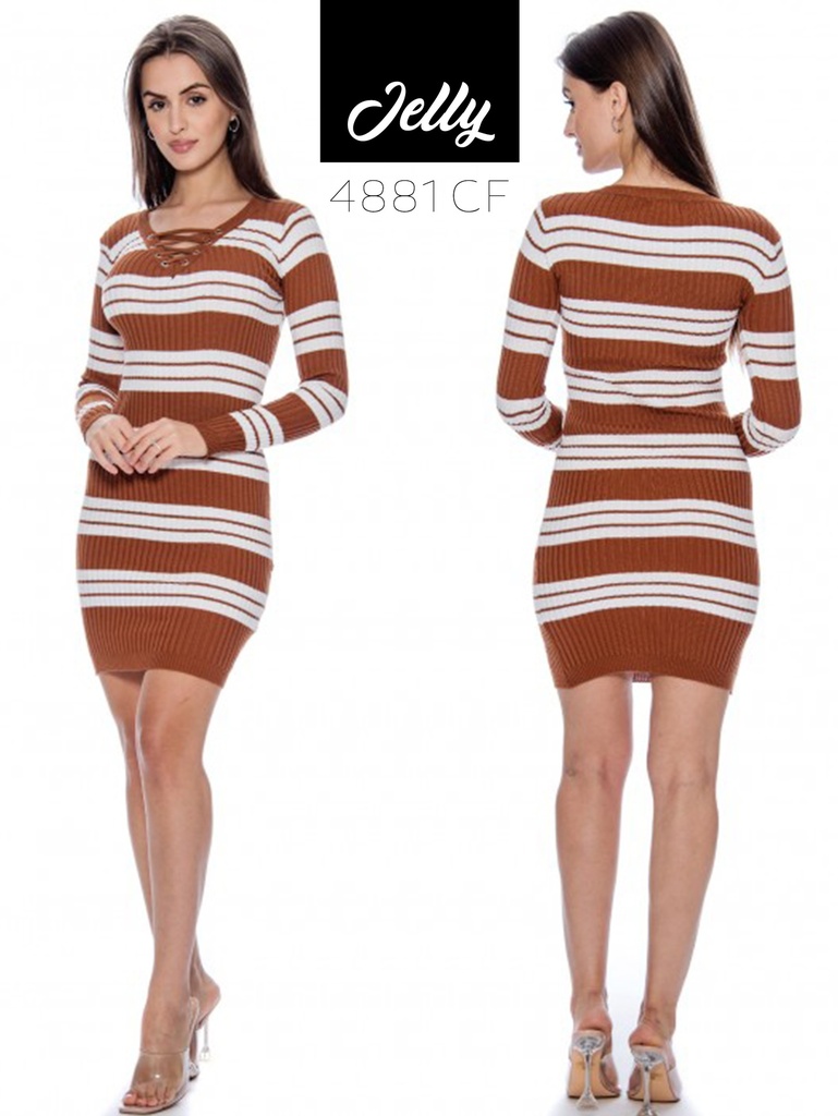 [200JELLY4881CFS] Vestido Ajustado de Punto a Rayas Rayas Café y Blanco para Mujer 4881CF (S)