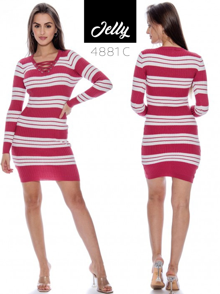 [200JELLY4881CS] Vestido Ajustado de Punto a Rayas Rayas Fucsia y Blanco para Mujer 4881C (S)