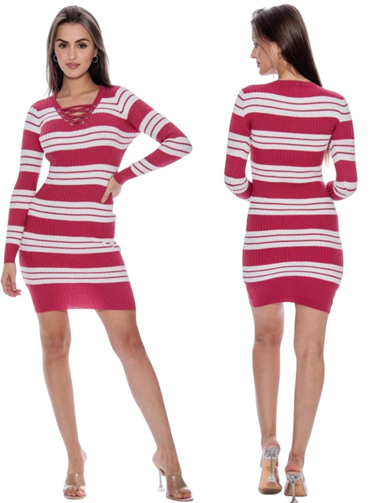 [200JELLY4881CS] Vestido Ajustado de Punto a Rayas Rayas Fucsia y Blanco para Mujer 4881C (S)