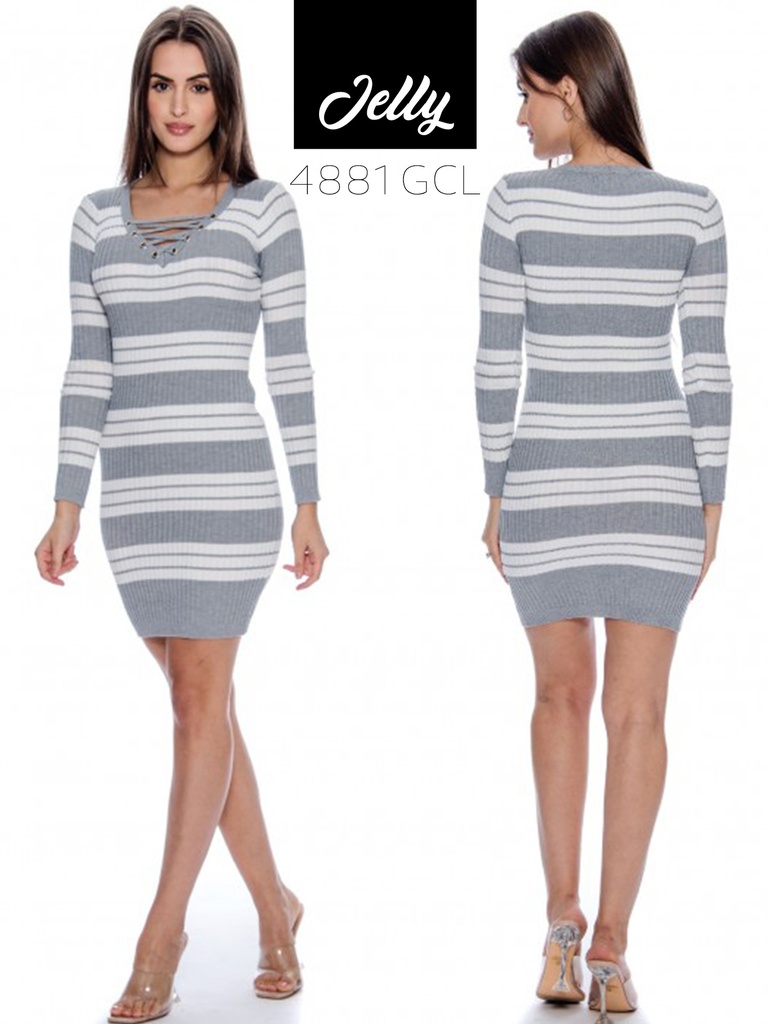[200JELLY4881GCLS] Vestido Ajustado de Punto a Rayas Rayas Gris y Blanco para Mujer 4881GCL (S)