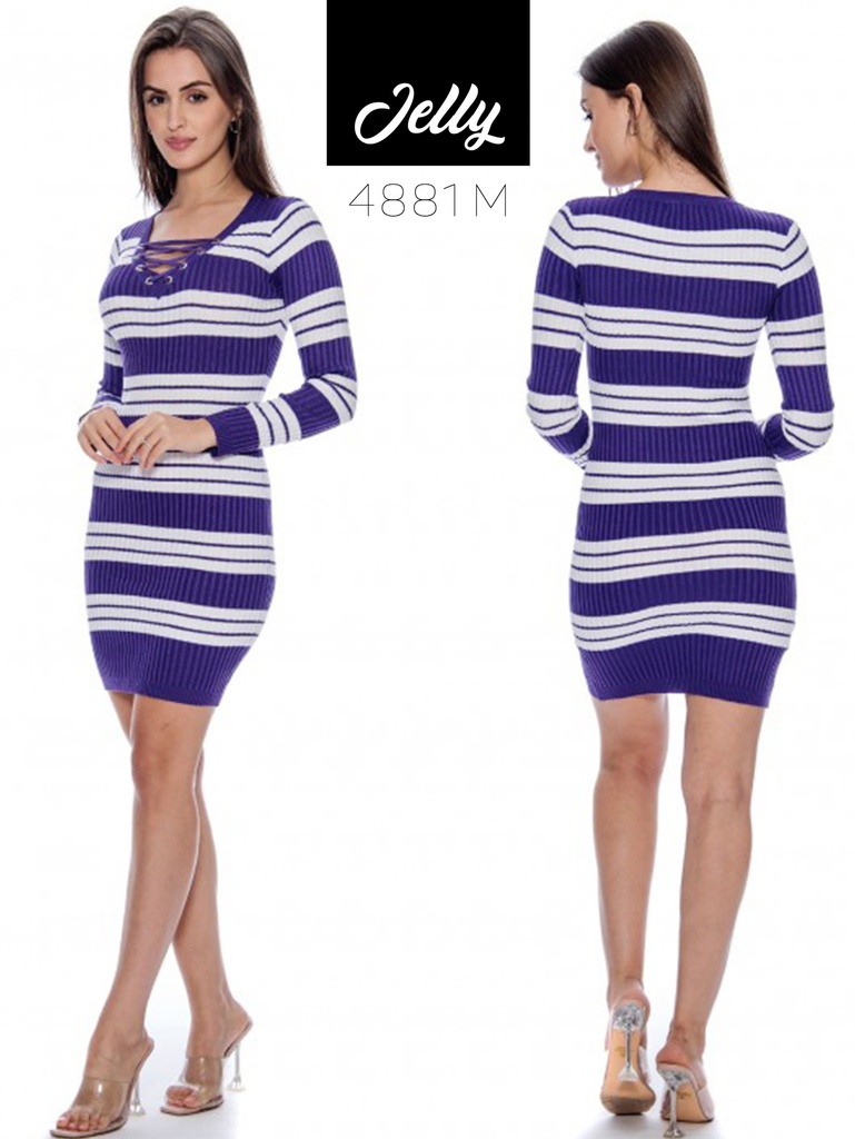 Vestido Ajustado de Punto a Rayas Rayas Morado y Blanco para Mujer 4881M