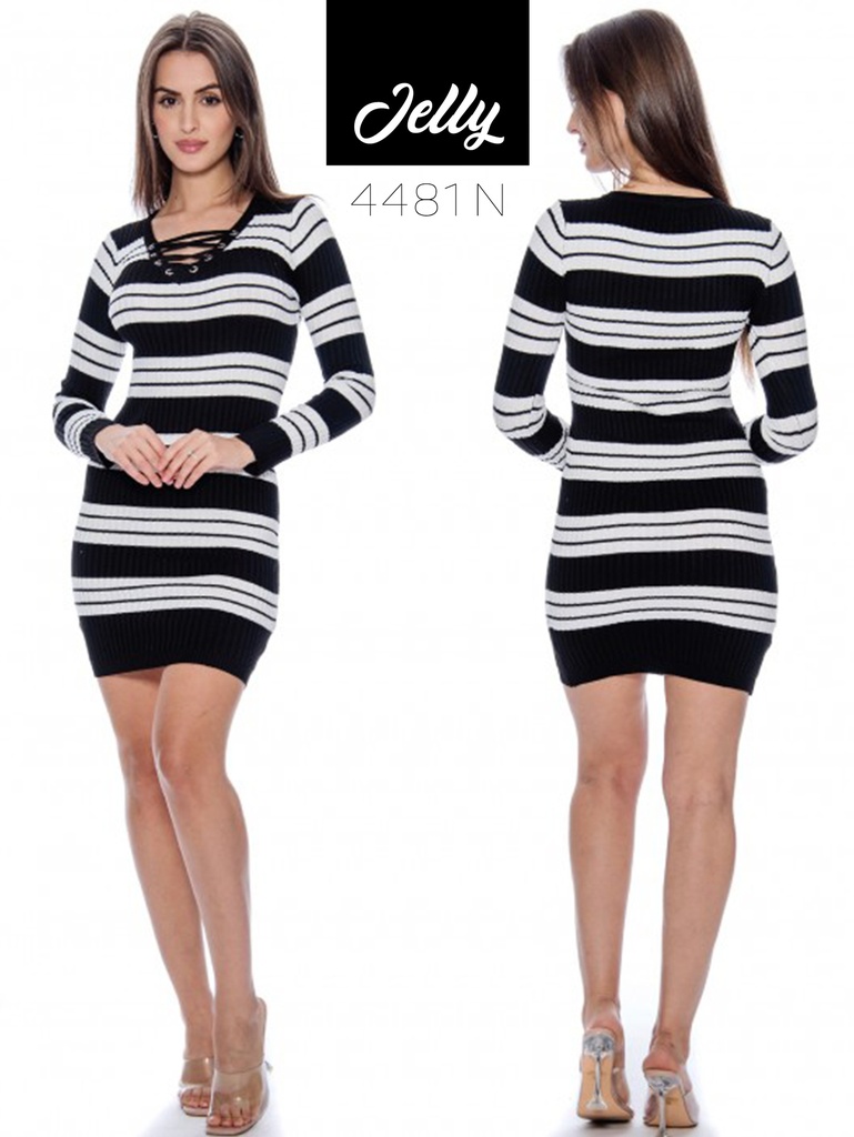 Women's Black & White Striped Striped Sweater Bodycon Dress 4881 N