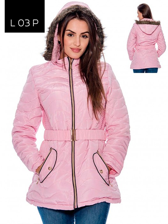 Chaqueta Acolchada con Cinturón y Capucha Rosa para Mujer L03P