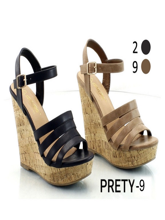 [200PRETY929 ] Women's Black & Brown Cork Platform Wedges Prety-9B (9)