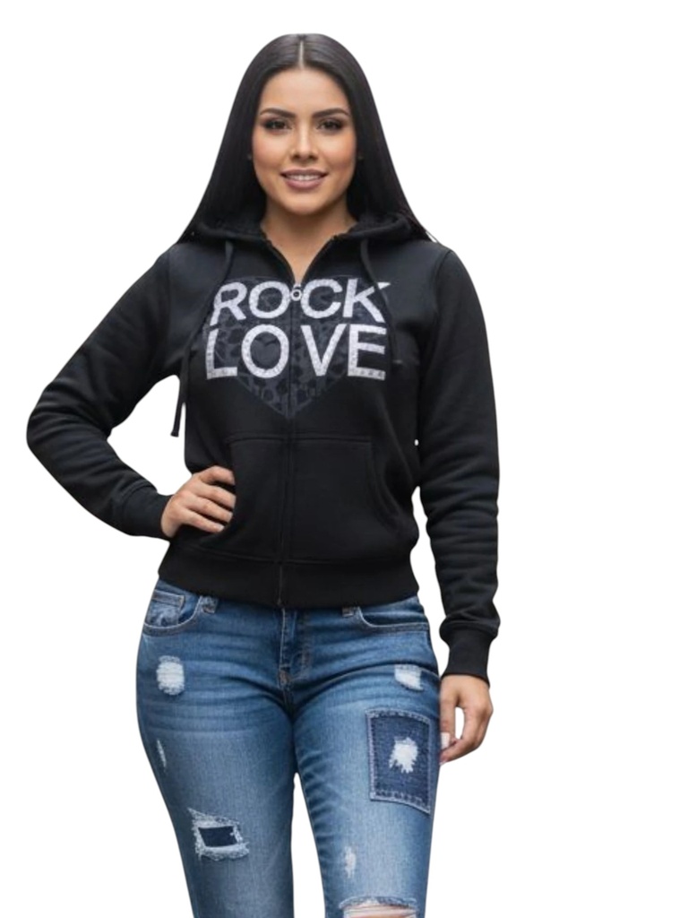 [200052S] Black Zip-Up Hoodie Jacket – Rock Love Graphic (S)