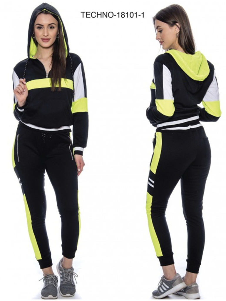 [200TECHNO181011L] Women's Black & Neon Yellow Color Block Zip Hoodie & Joggers Activewear Set Techno-18161-1 (L)