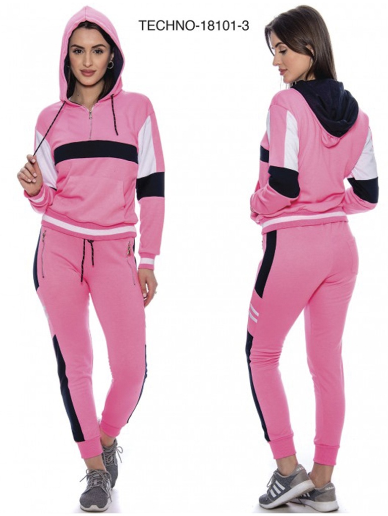 [200TECHNO181013L] Women's Pink & Black Color Block Hoodie & Joggers Activewear Set Techno-181013 (L)