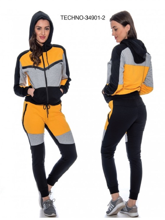 [200TECHNO349012S] Conjunto Deportivo Sudadera con Cierre Bloques de Color y Jogger Amarillo Gris y Negro para Mujer Techno-34901-2 (S)