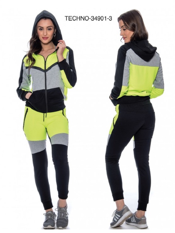 [200TECHNO349013S] Women's Neon Lime & Black Color Block Zip Hoodie & Joggers Activewear Set Techno-34901-3 (S)
