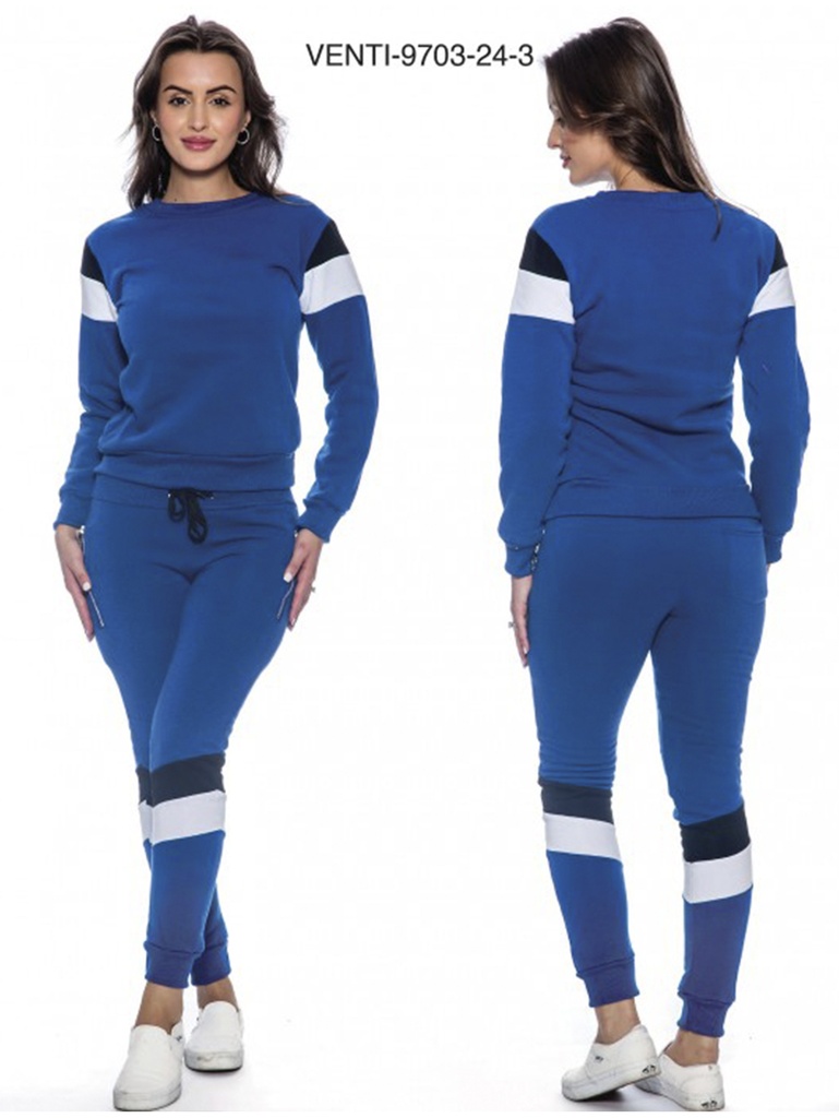 [200VENTI9703243L] Women's Royal Blue & White Color Block Sweatshirt & Joggers Activewear Set Venti-9703-24-3 (L)