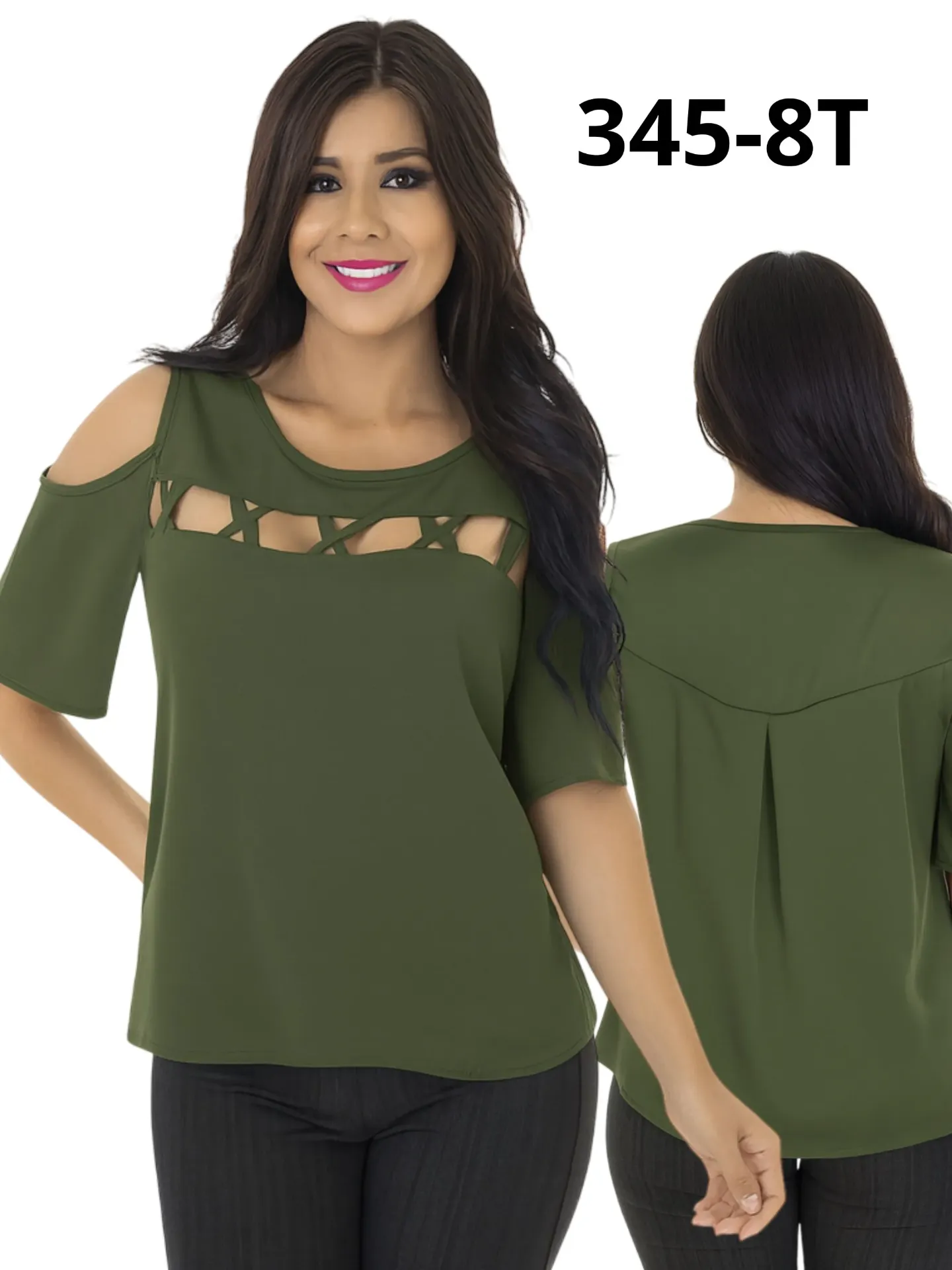 [0002363458TS] Women's Olive Green Cold Shoulder Cutouts Blouse 345-8T (S)