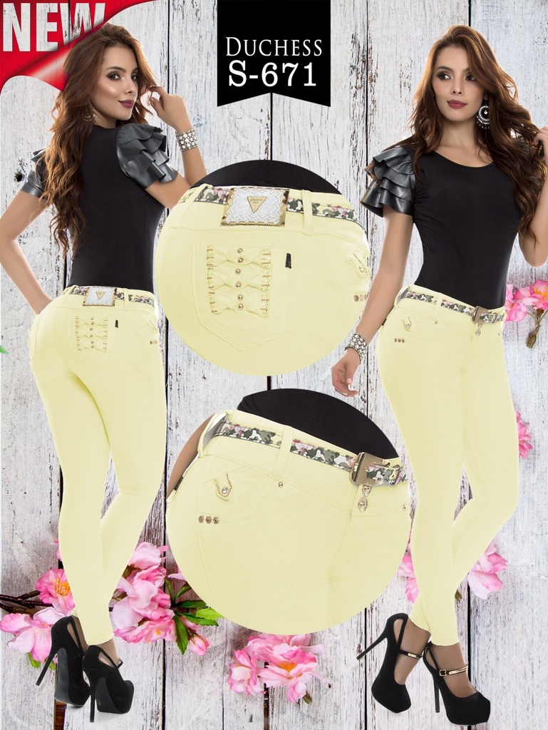 Jeans Levantacola Ajustados Amarillo Pastel para Mujer S-671