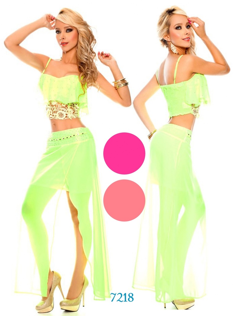 [1137218105] Women's Neon Green Crop Top & Slit Maxi Skirt Two-Piece Set 7218