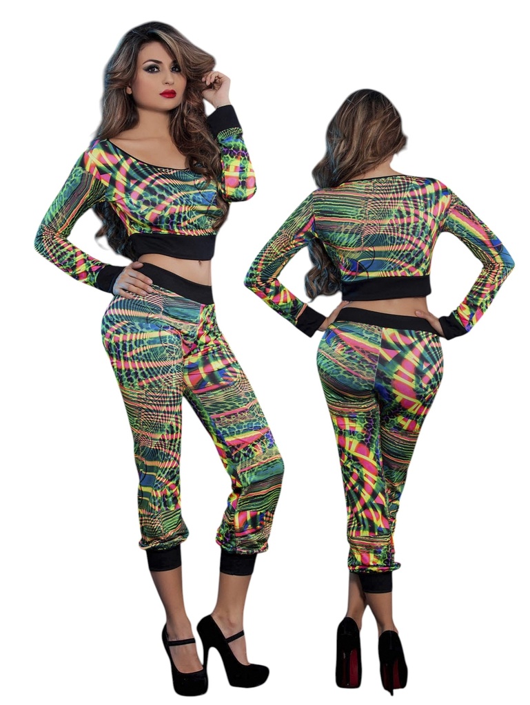 [1112649] Conjunto de 2 Piezas Top Corto Manga Larga y Pantalón Estampado Multicolor para Mujer 2649