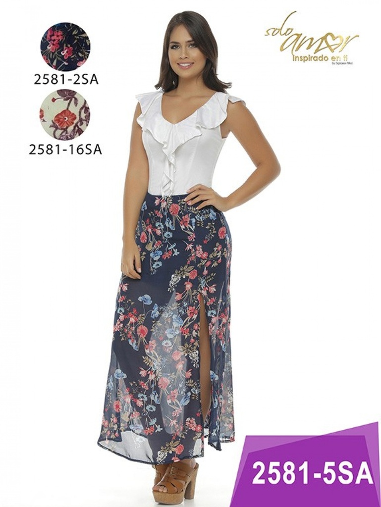 Women's White Top Floral Skirt Sheer Slit Skirt Look Dress 2581-5SA-B