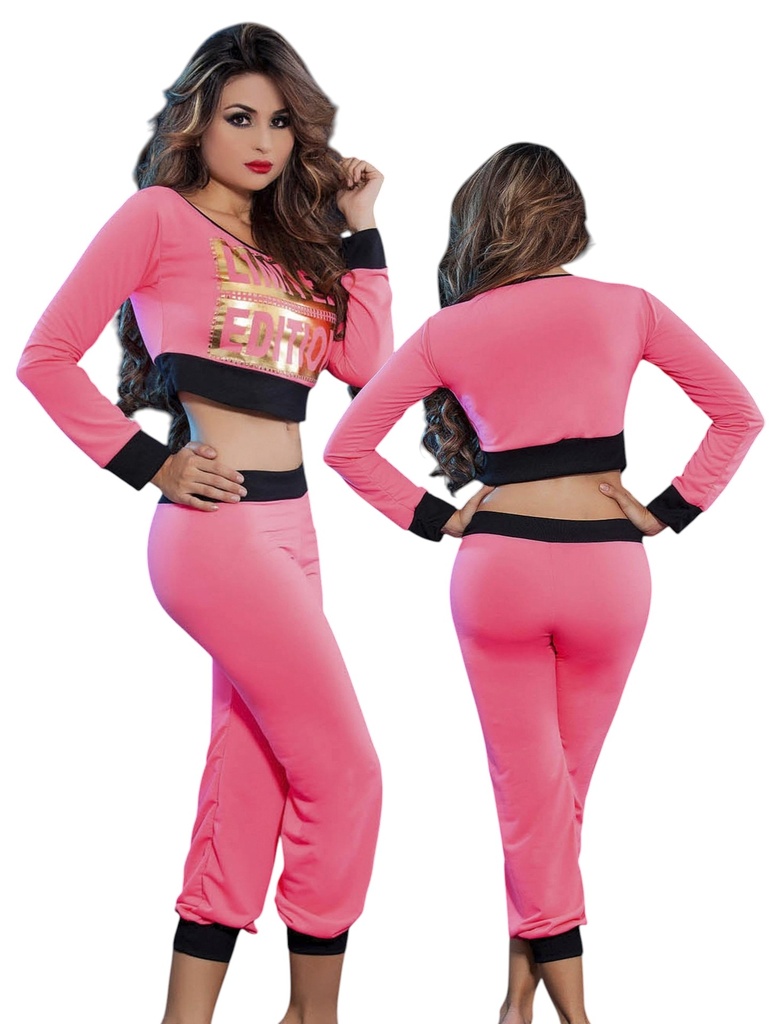 [1112650FL] Conjunto de 2 Piezas Top Corto Manga Larga y Pantalón Rosa para Mujer 2650