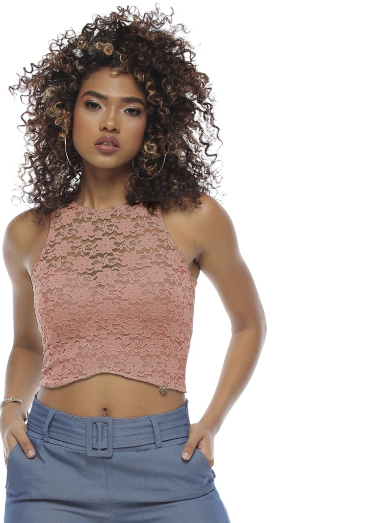 [246494020M] Women's Blush Pink Lace Halter Crop Top 4940-20 (M)