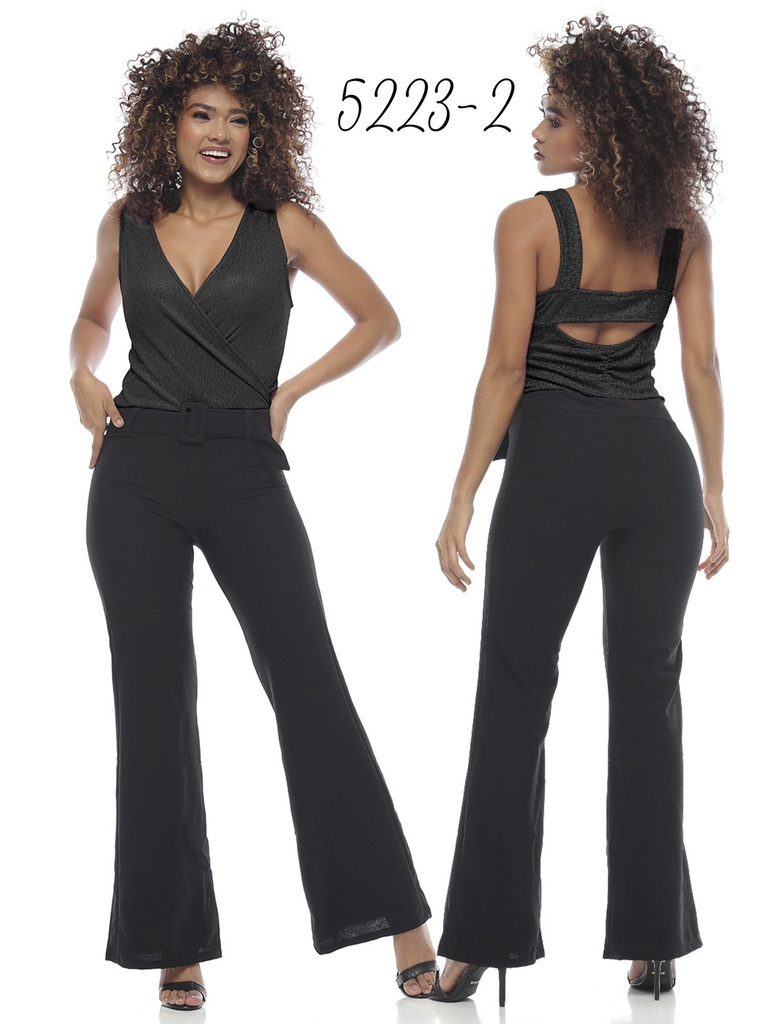 [24652232S] Women's Black Wrap Top Flare Leg Jumpsuit 5223-2 (S)