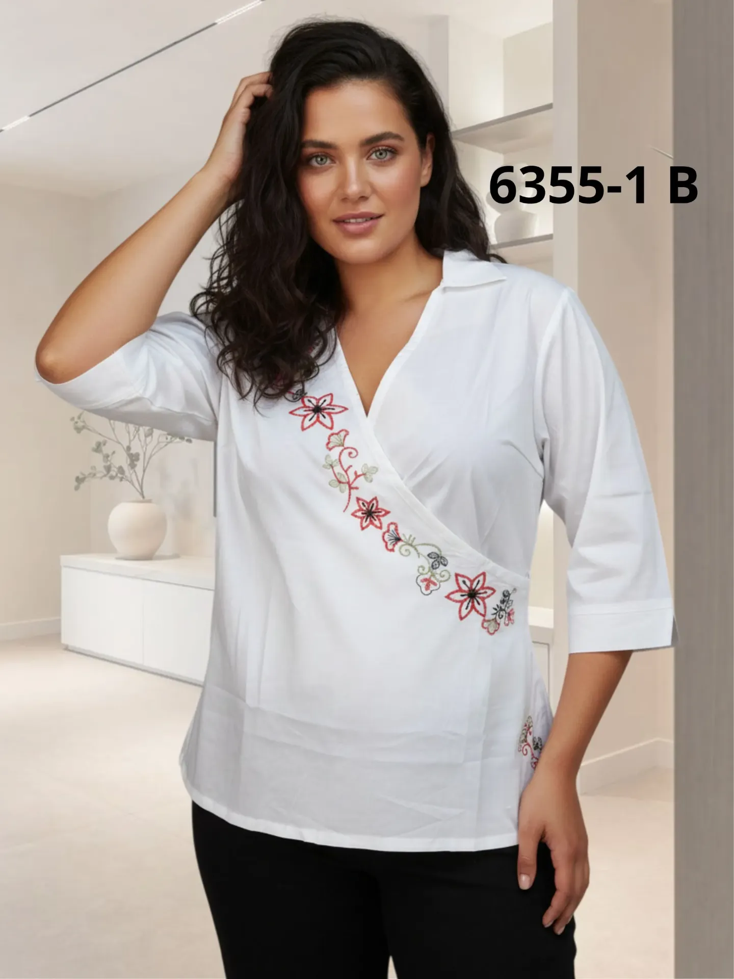 [25063551B14] Women's White Plus Size Embroidered Wrap Blouse 6355-1B (L)