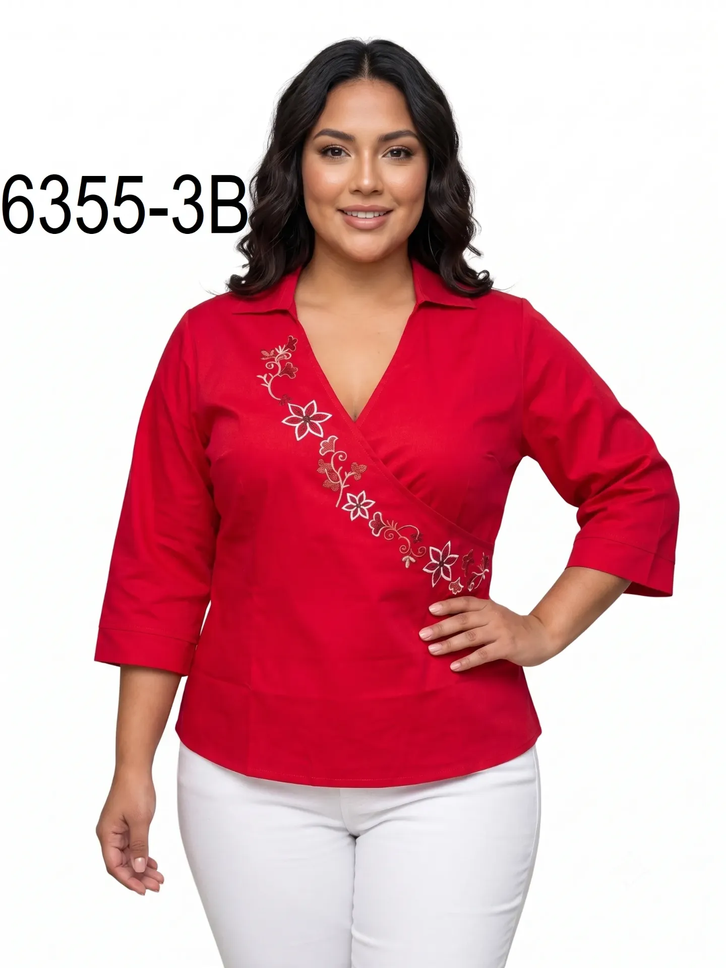 Women's Red Plus Size Embroidered Wrap Blouse 6355-3B