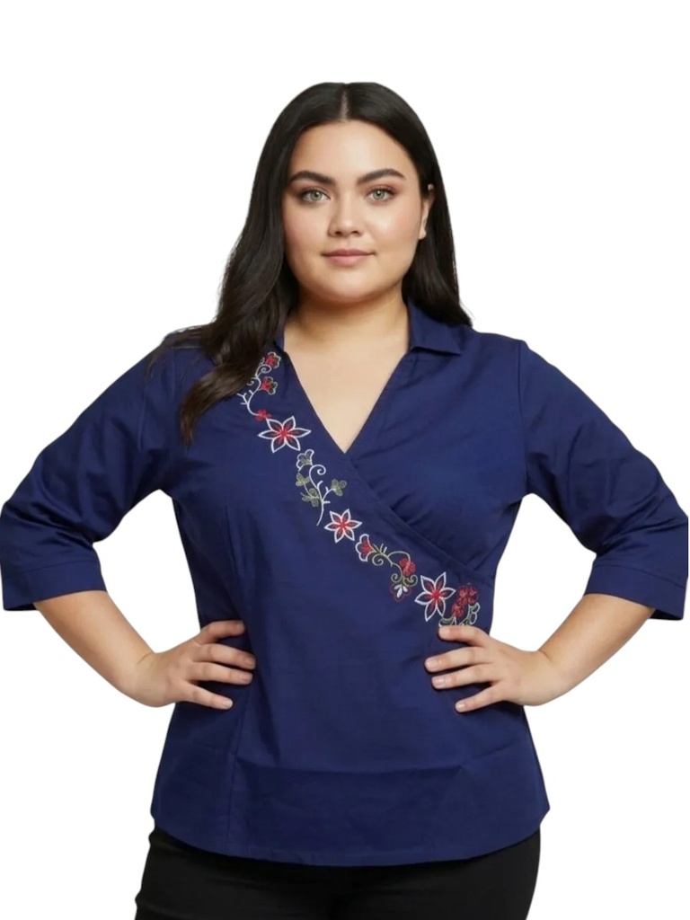 Blusa Talla Grande Cruzada Bordada Azul Marino para Mujer 6355-5B