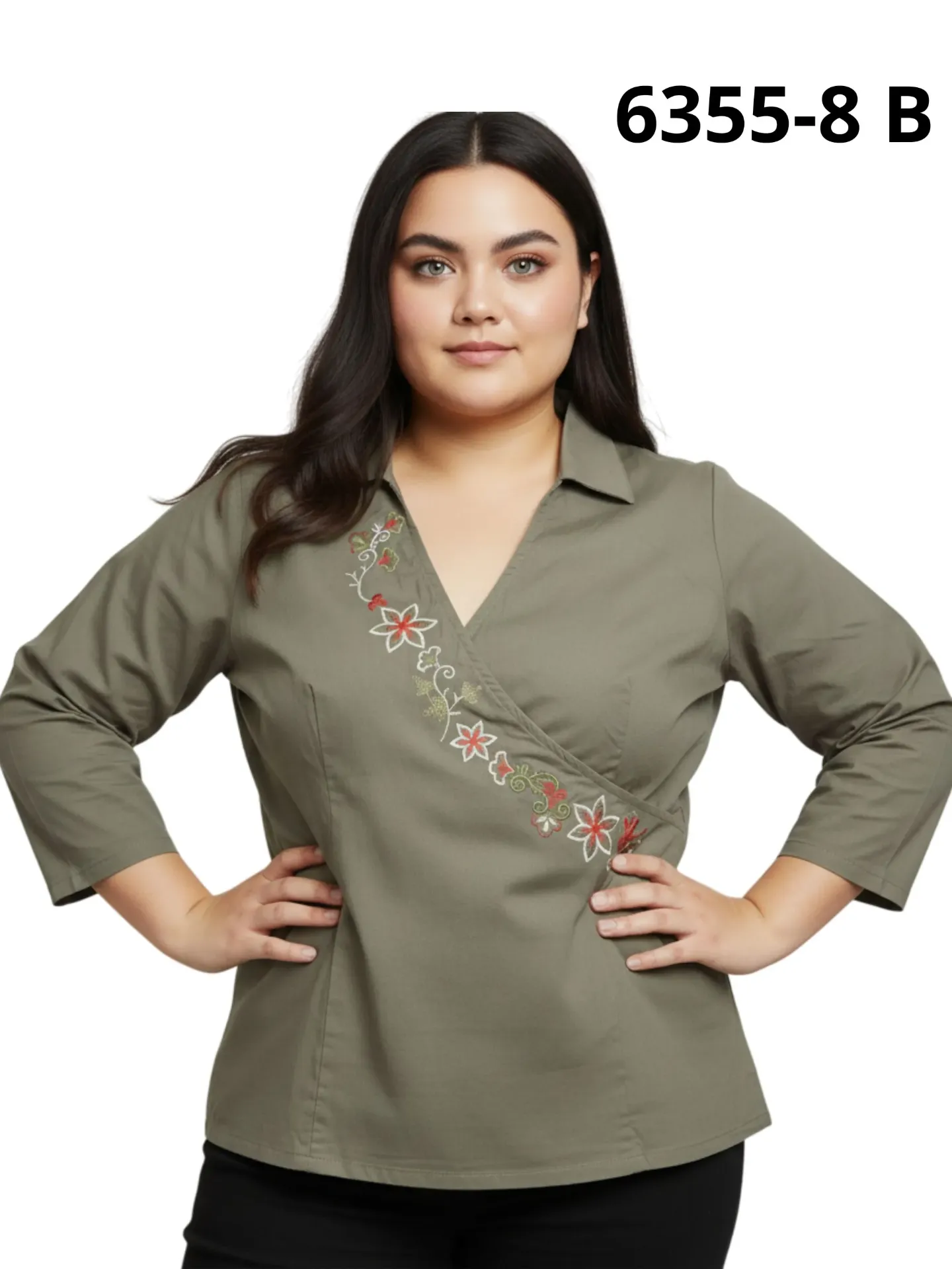 [25063558B14] Blusa Talla Grande Cruzada Bordada Verde Oliva para Mujer 6355-8B (L)