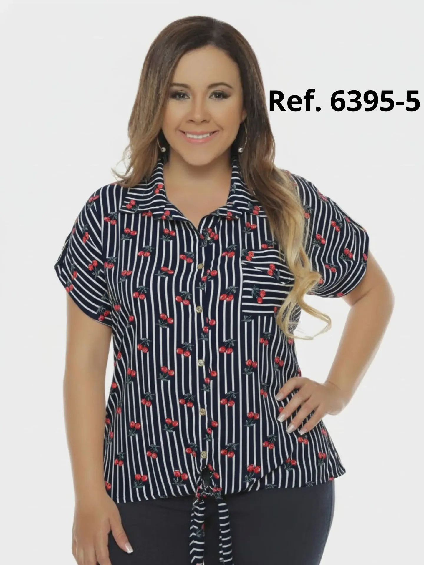 Blusa Talla Grande Camisa Abotonada Rayas Azul Marino para Mujer 6395-5