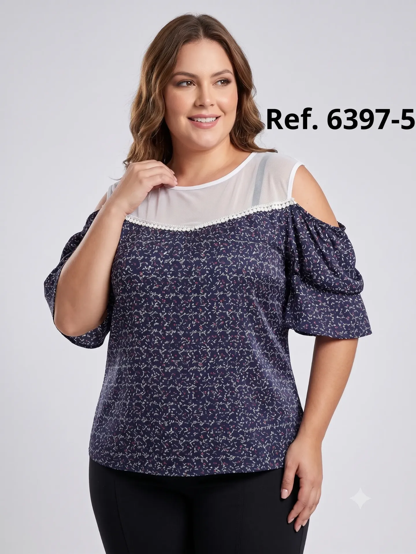 [25063975B14] Blusa Talla Grande Hombros Descubiertos Estampado Azul Marino para Mujer 6397-5 (L)