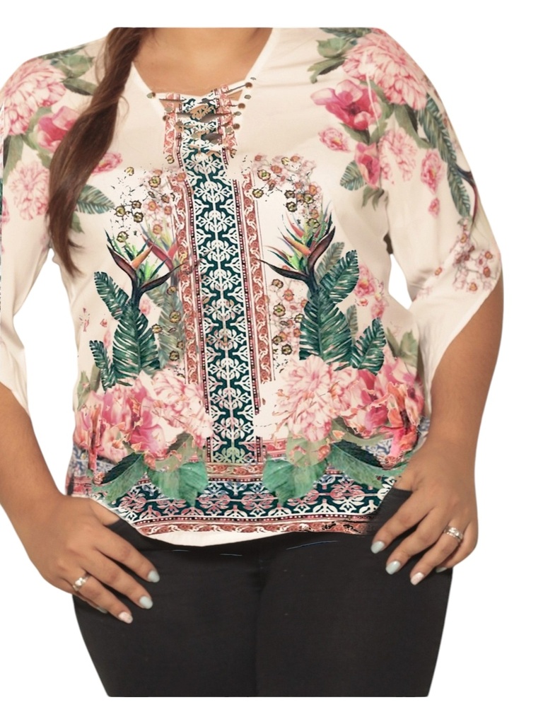 Blusa Frente con Cordones Floral Rosa para Mujer 3774-5VK Estilo B