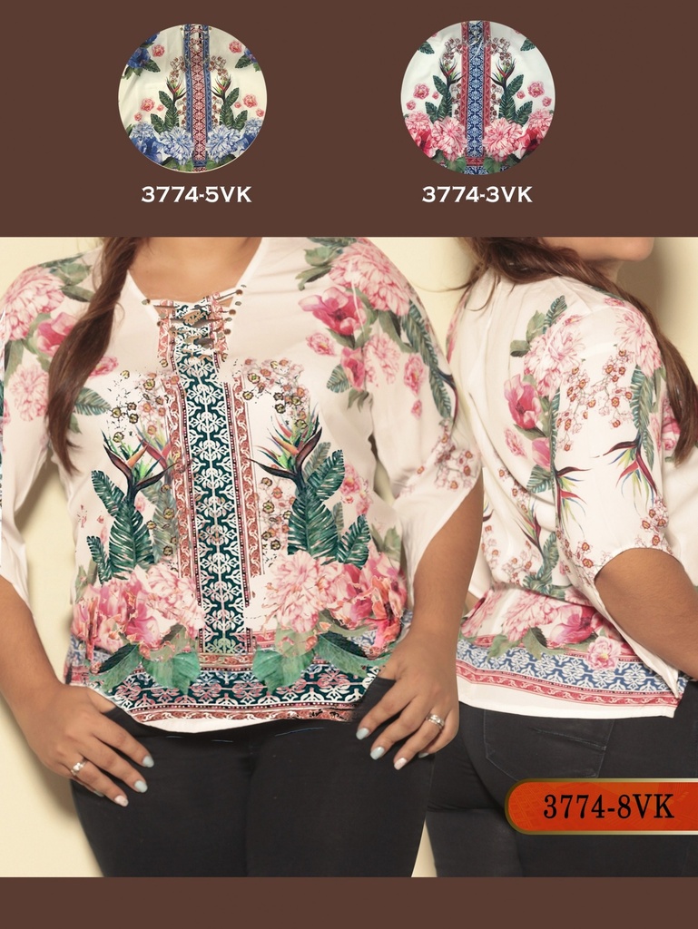 Women's Pink Floral Lace-Up Front Blouse 3774-5VK Style C